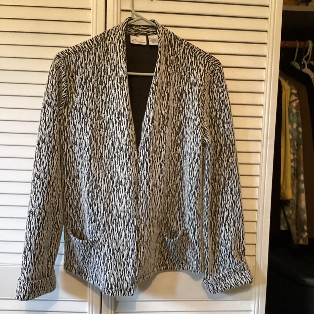 Kim Rogers ladies open front black and white long sleeve jacket size S, Reduced